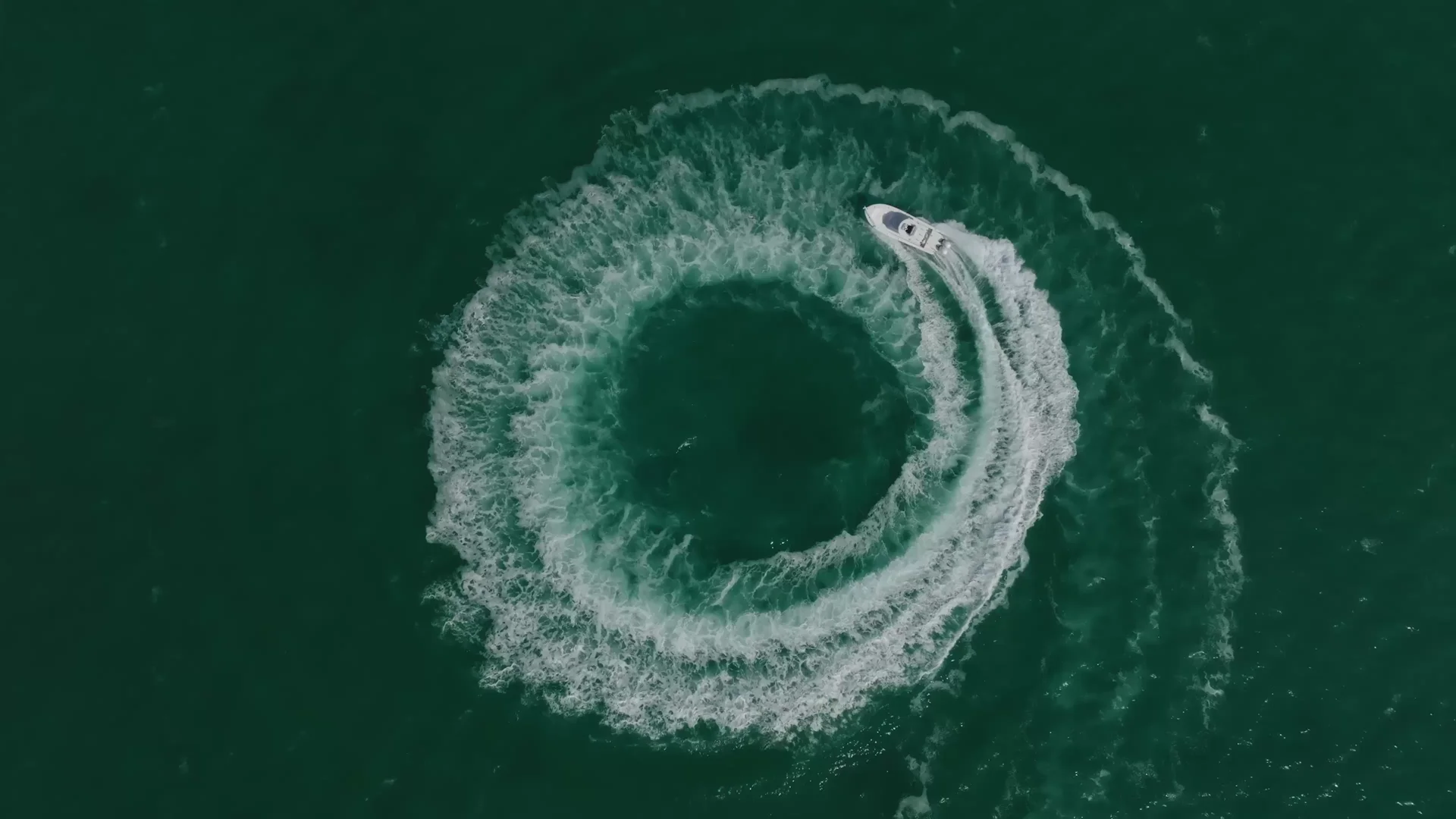 A Regulator circling through emerald water, leaving a ring of white wake